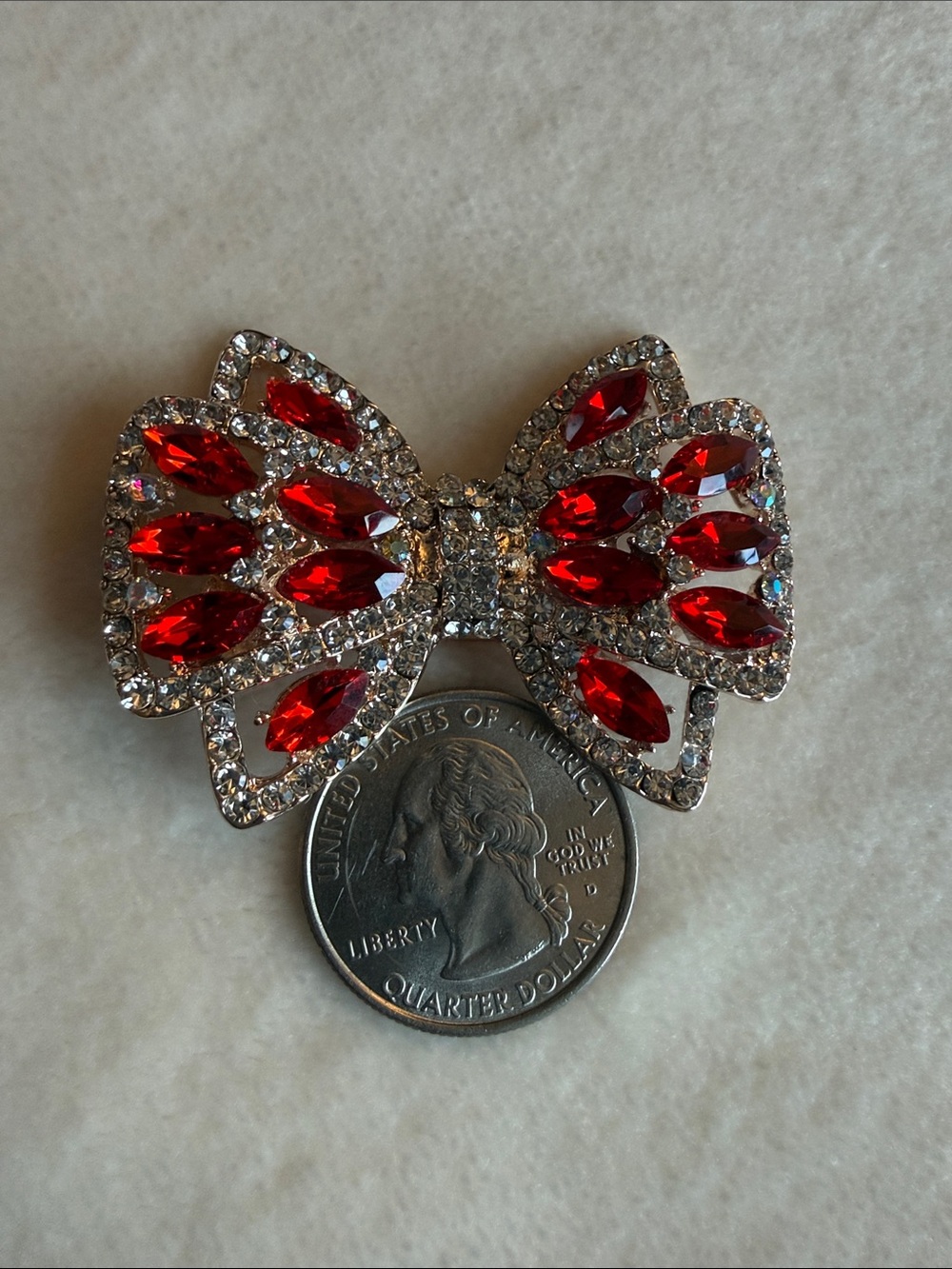 Red Rhinestone Bow Brooch Like New - Picture 3 of 3